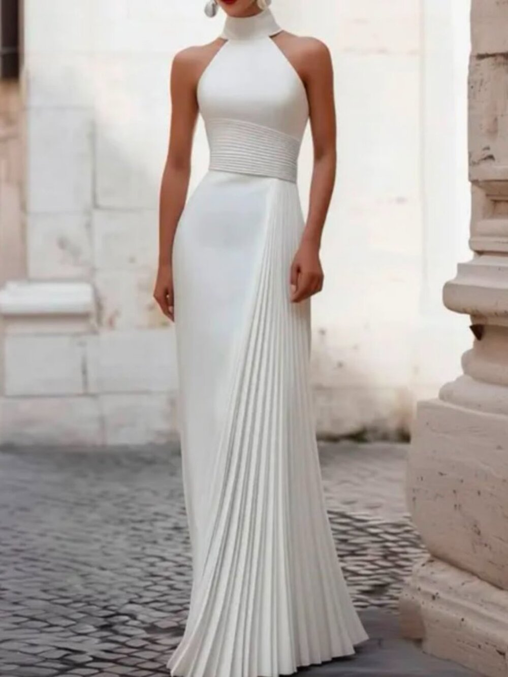 Elegant White Halter Evening Gown — Pleated Column Silhouette - Size 2 - NEW